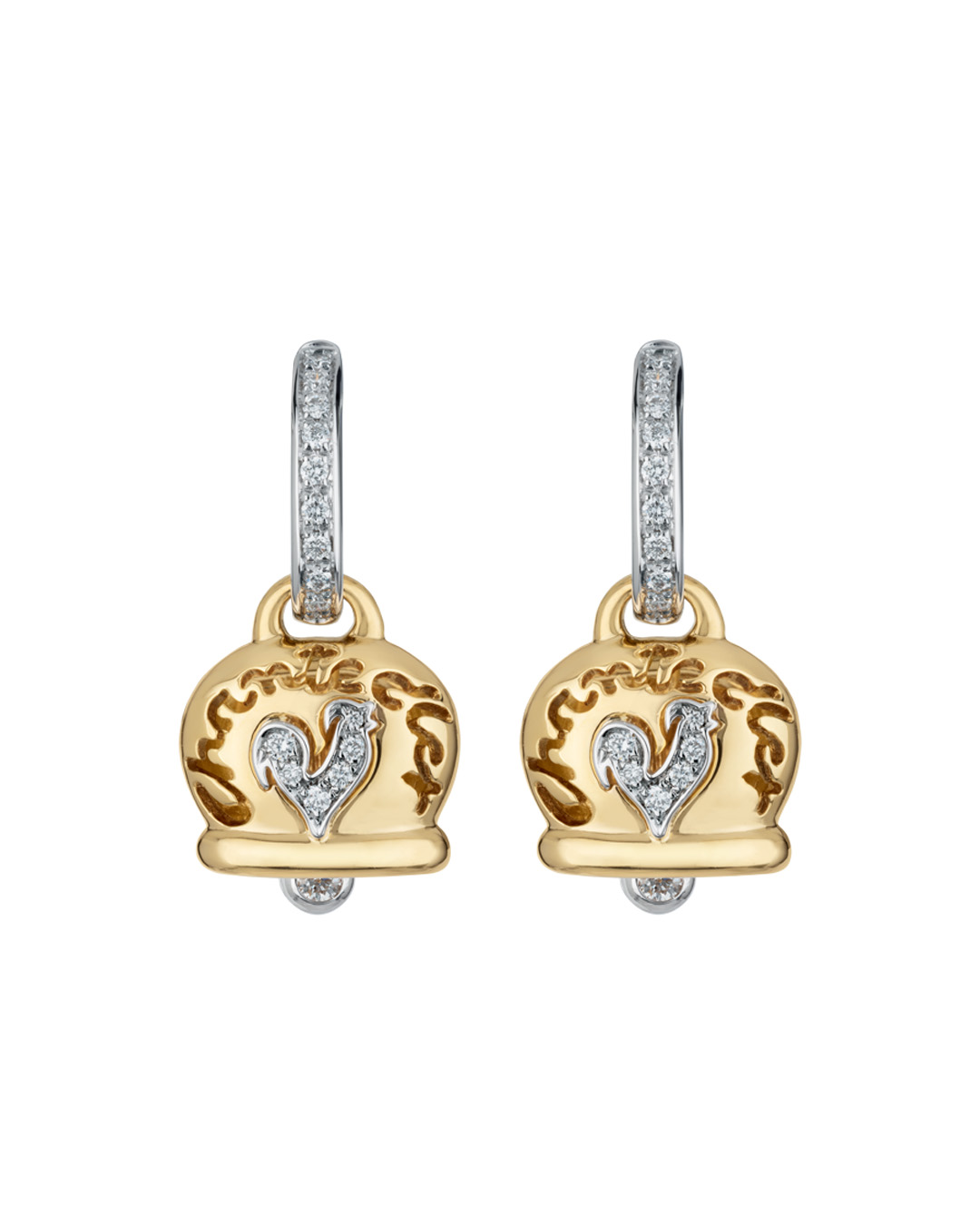 16864 Medium Campanella earrings in yellow gold, diamonds and diamond-paved rooster