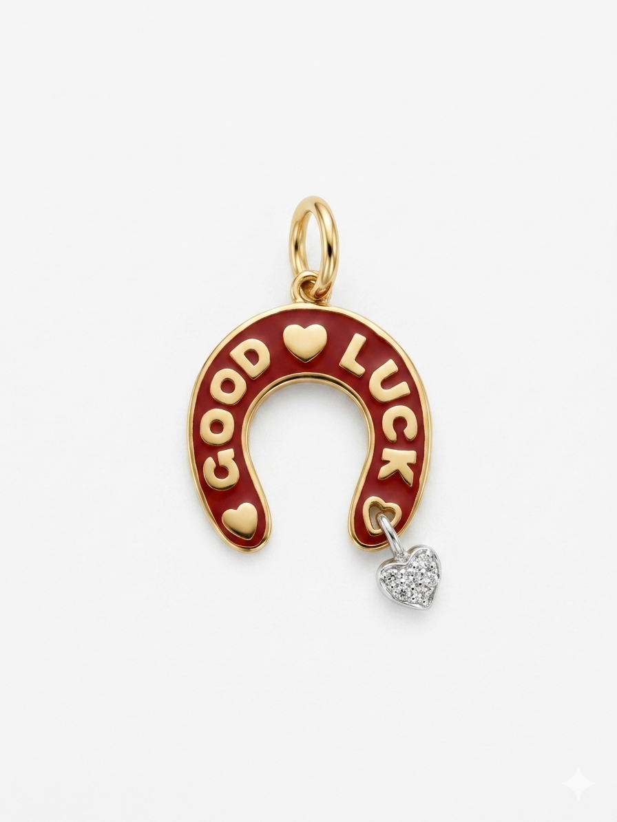 HS120R (HS120P) 18K PINK HORSE SHOE GOOD LUCK W/HANGING PAVE HEART (Реал вес 4,24)