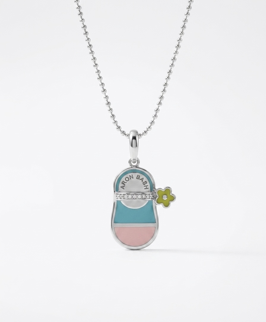 PF109A 18K W/G FLAT SADDLE SHOE WITH PINK AND LIGHT BLUE ENAMEL AND GREEN HANGING FLOWER