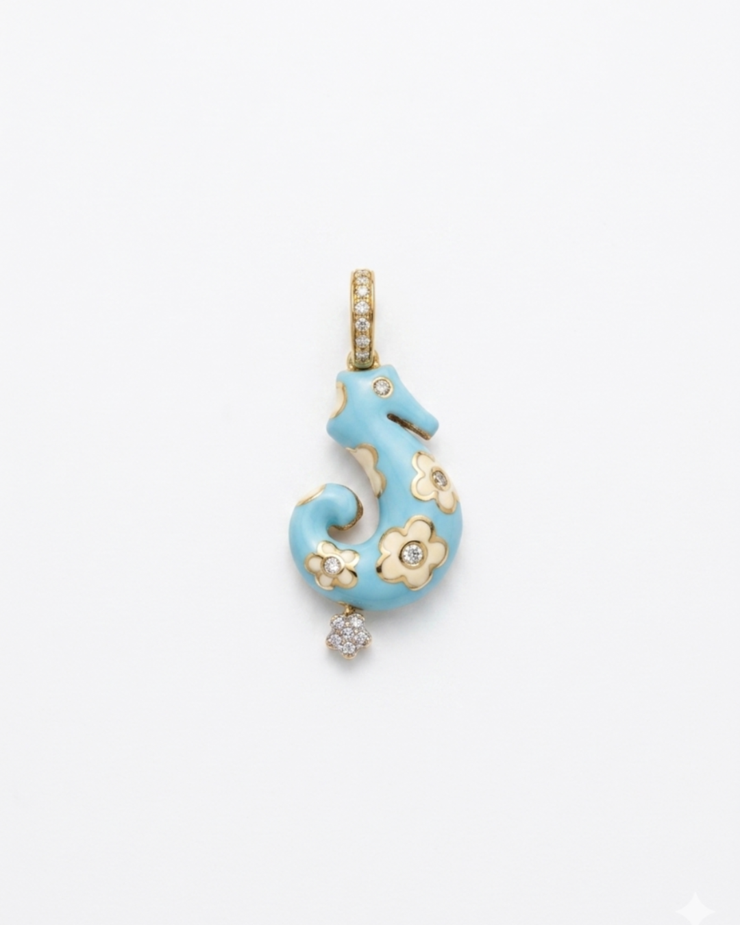 SH220LBW 18K LARGE SEAHORSE BLUE ENAMEL WITH WHITE FLOWERS DIA