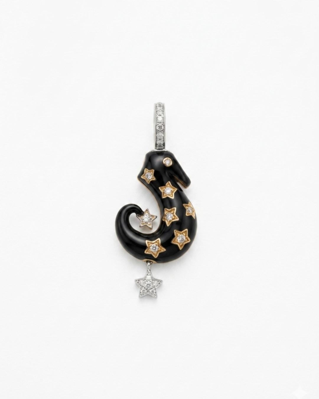 SH201BK 18K  LARGE SEAHORSE, BLACK  ENAMEL,DIAMOND STARS 0.10CTS.