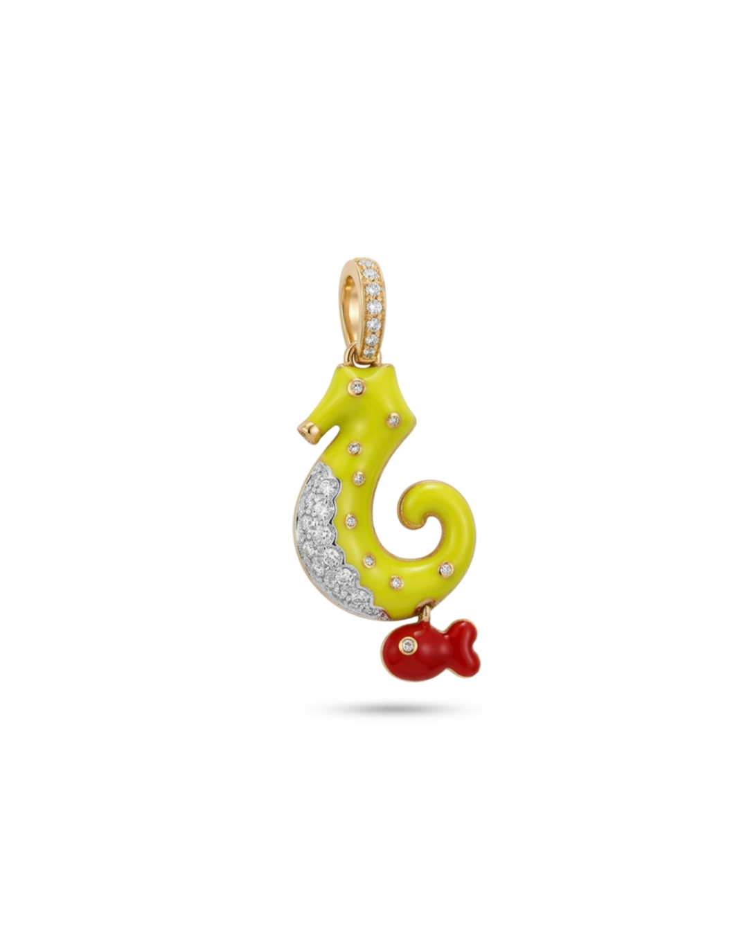 SH240G 18K LARGE SEAHORSE LIME GREEN ENAMEL RED FISH HANGING