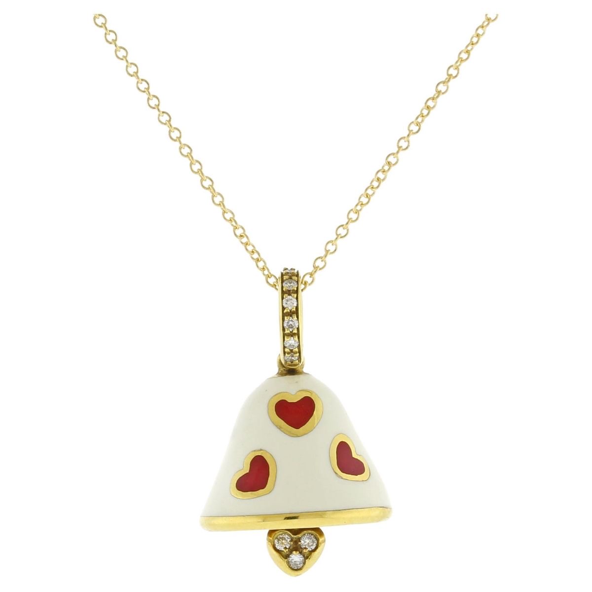 BP110 18K Y/G LARGE BELL WHITE ENAMEL W/RED HEARTS Y/D