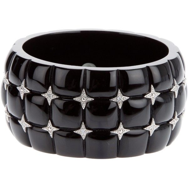 CS019_0102 Quilted-Black resin cuff with sterling silver & white CZs 625